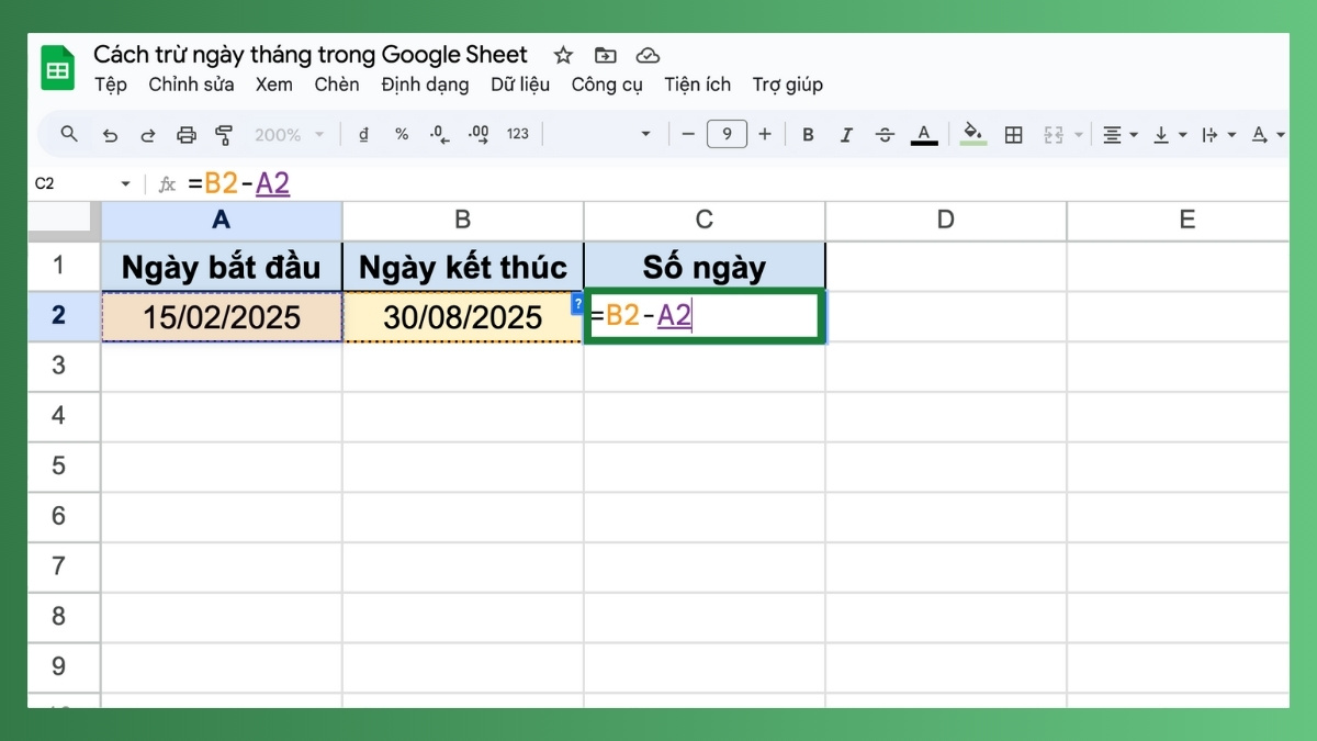 Hàm trừ ngày tháng trong Google Sheet Bước 2