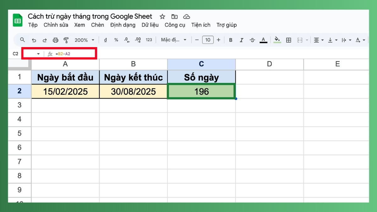 Hàm trừ ngày tháng trong Google Sheet Bước 3