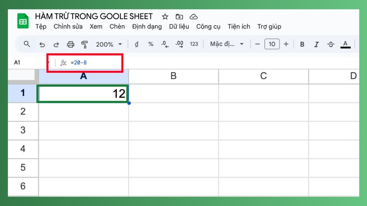 Hàm trừ trong Google Sheet: Dùng dấu trừ (-) trực tiếp 