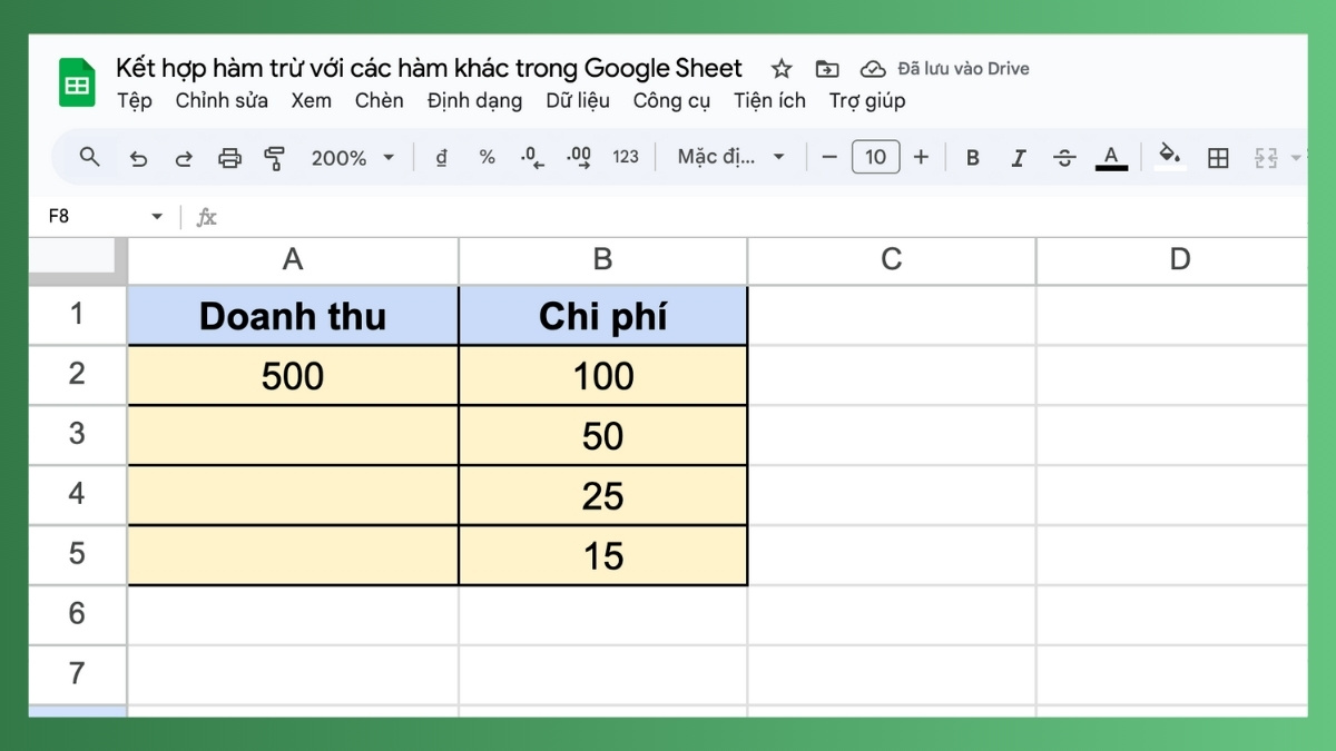 Hàm trừ trong Google Sheet kết hợp hàm SUM Bước 1
