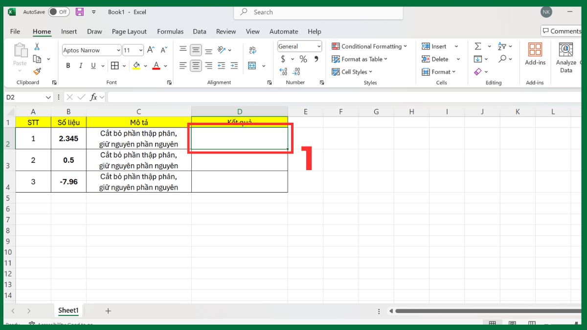 Hàm TRUNC trong Excel cắt bỏ phần thập phân Bước 1