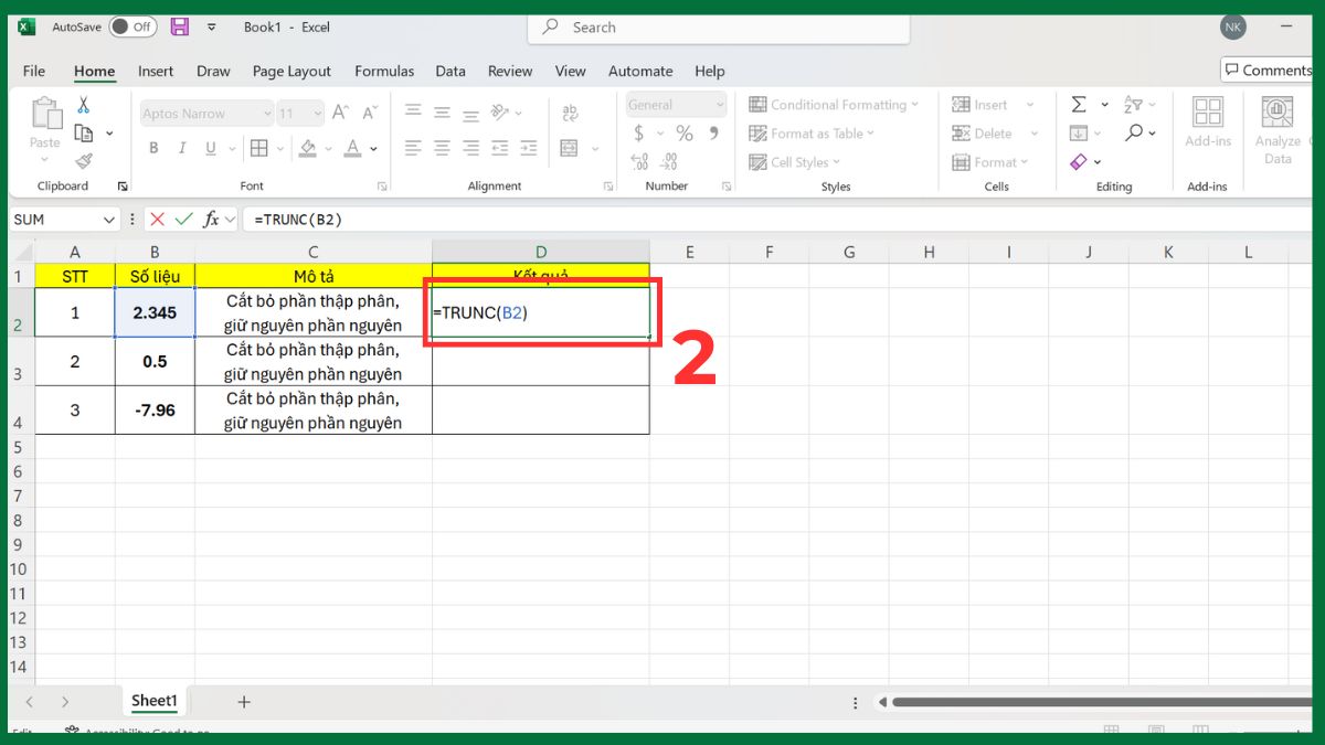 Hàm TRUNC trong Excel cắt bỏ phần thập phân Bước 2