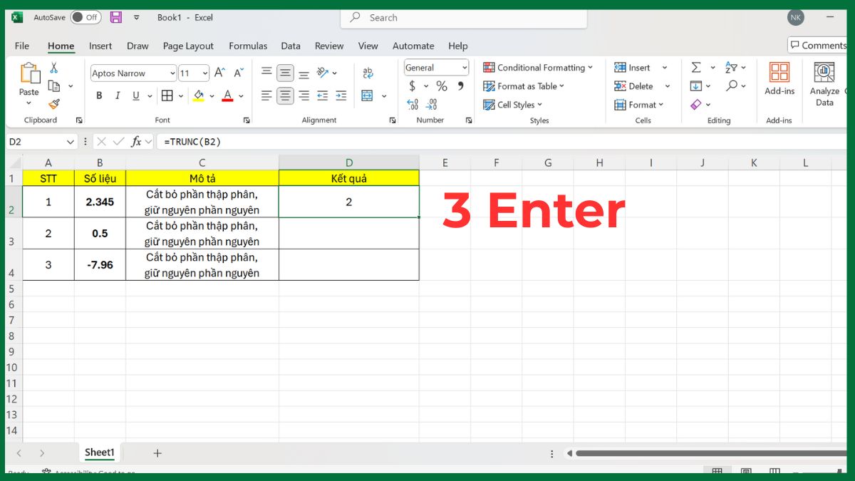 Hàm TRUNC trong Excel cắt bỏ phần thập phân Bước 3