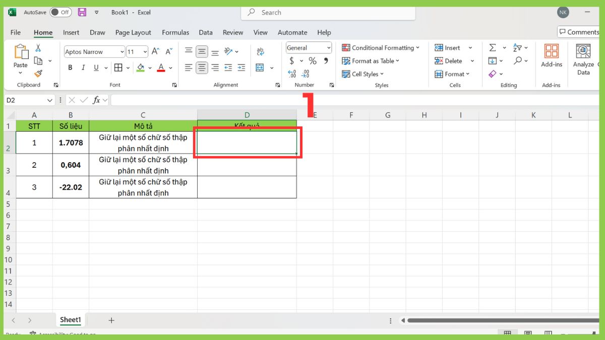 Hàm TRUNC trong Excel giữ lại một số chữ số thập phân Bước 1