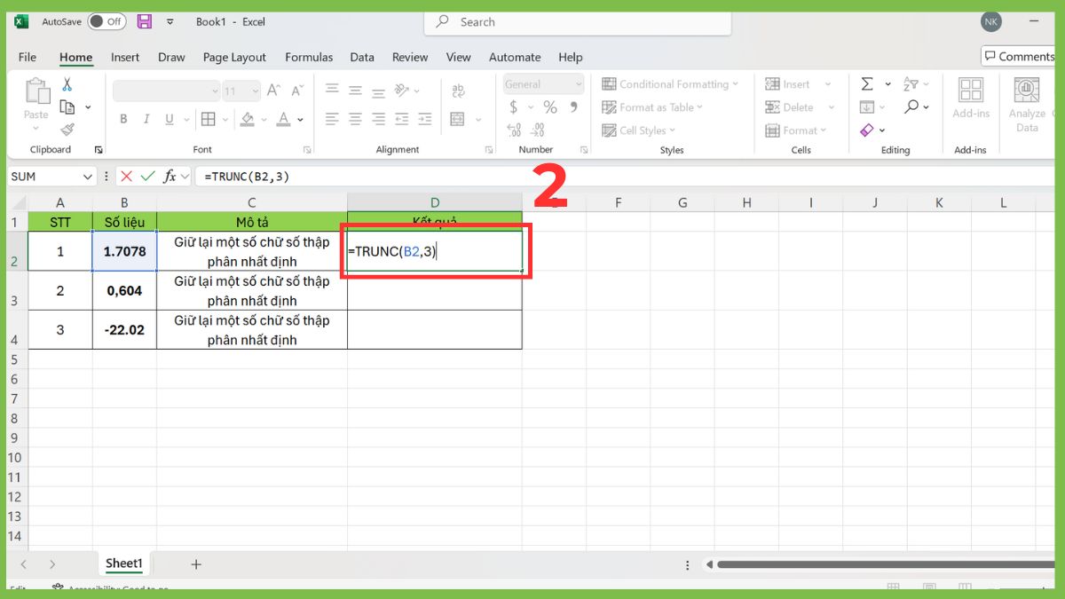 Hàm TRUNC trong Excel giữ lại một số chữ số thập phân Bước 2