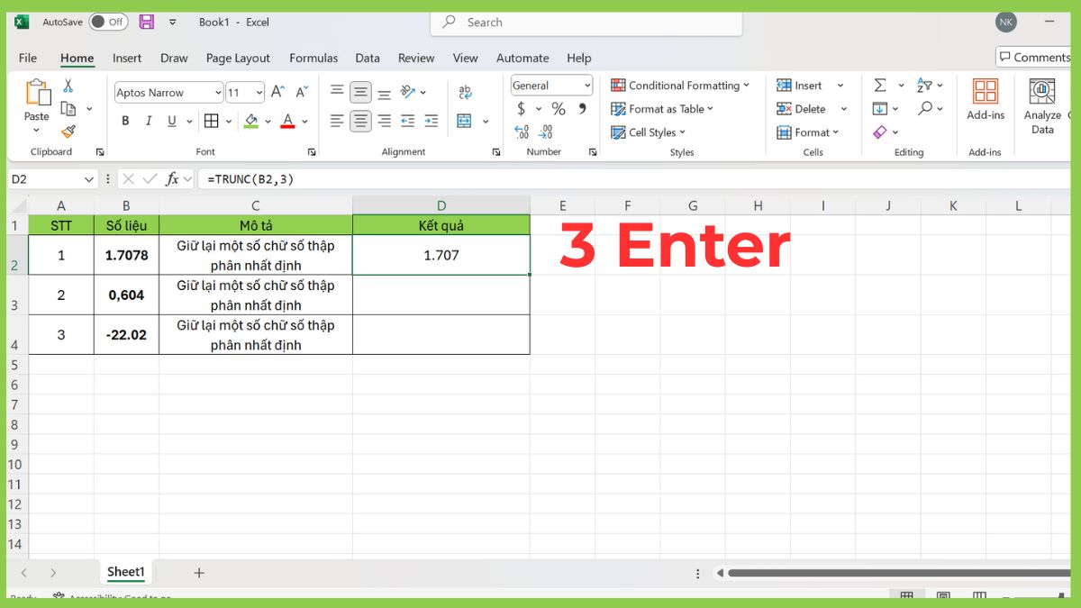 Hàm TRUNC trong Excel giữ lại một số chữ số thập phân Bước 3