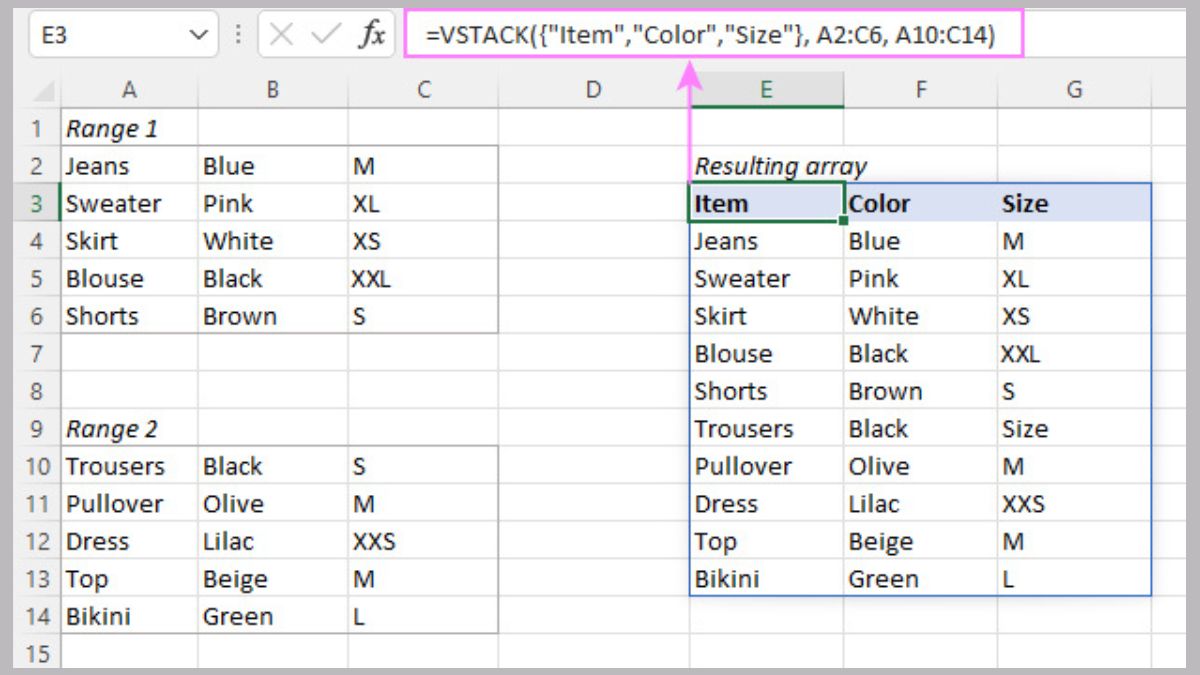 Hàm VSTACK trong Google Sheets giúp gộp nhiều vùng và mảng dữ liệu theo chiều dọc