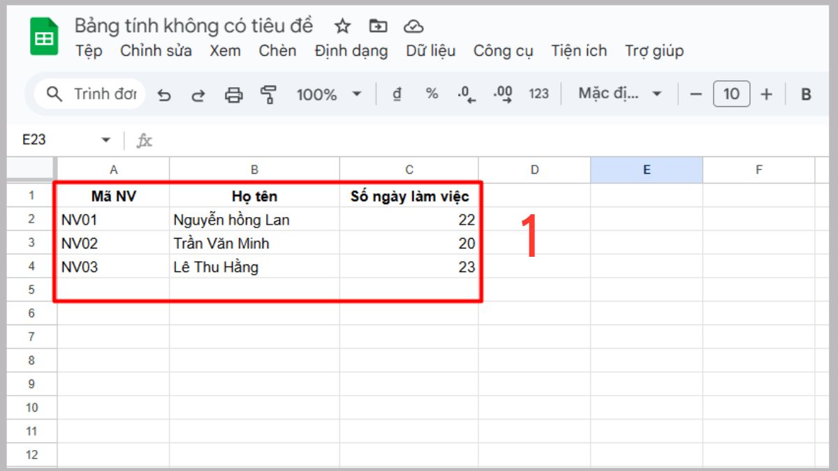 Ví dụ thực tế hàm VSTACK trong Google Sheets Bước 1