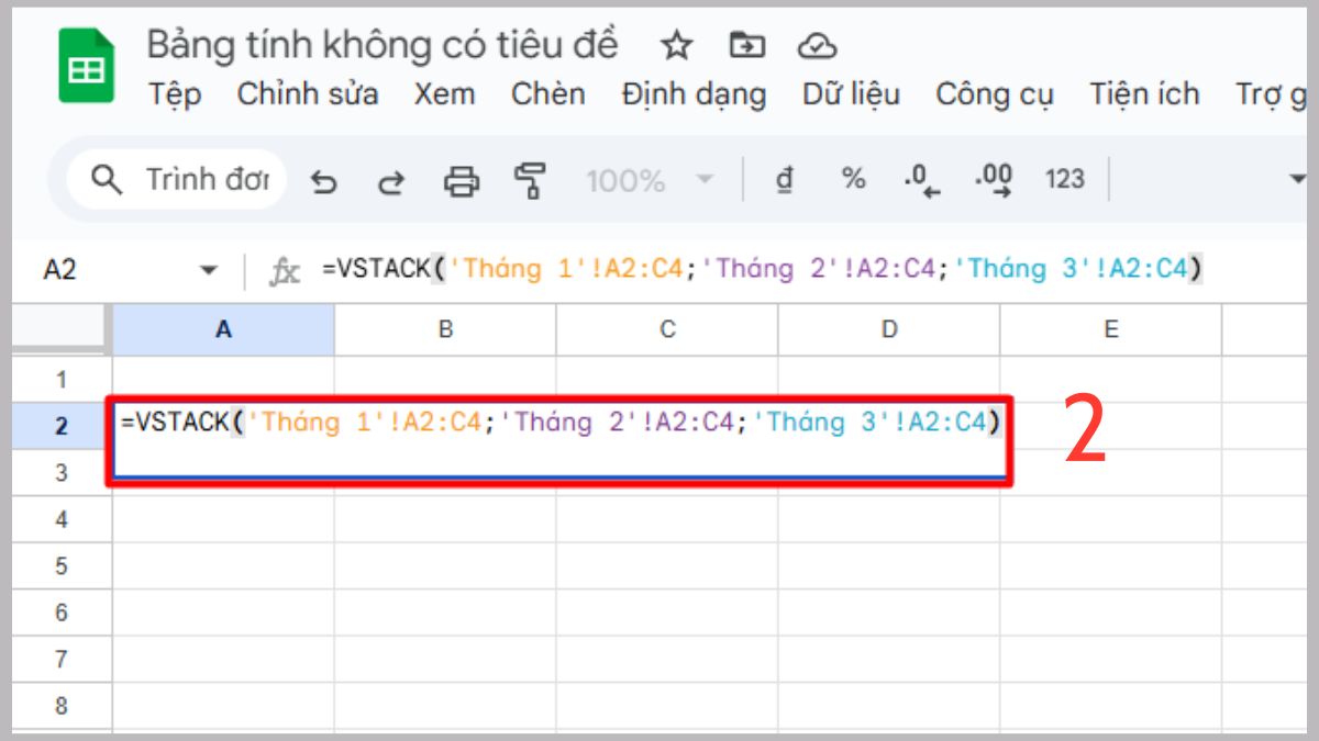 Ví dụ thực tế hàm VSTACK trong Google Sheets Bước 2