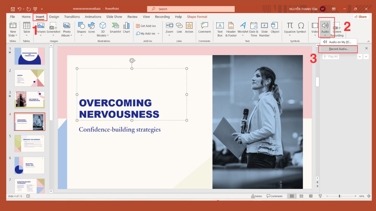Thêm hiệu ứng âm thanh trong PowerPoint ghi âm trực tiếp Bước 1