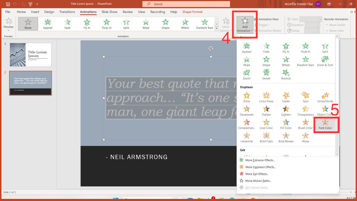 Hiệu ứng đổi màu chữ trong PowerPoint bằng Animation Bước 2