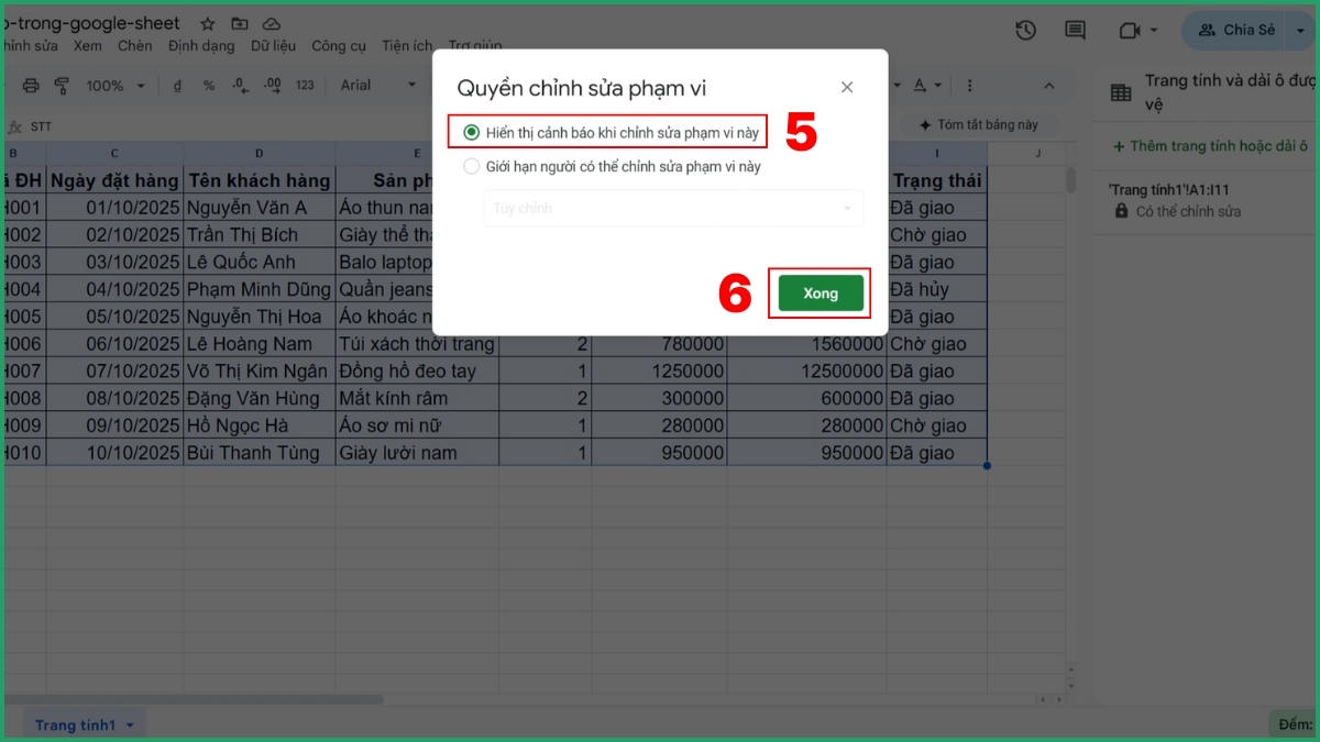 Hiển thị cảnh báo khi người dùng chỉnh sửa ô bị khóa bước 3