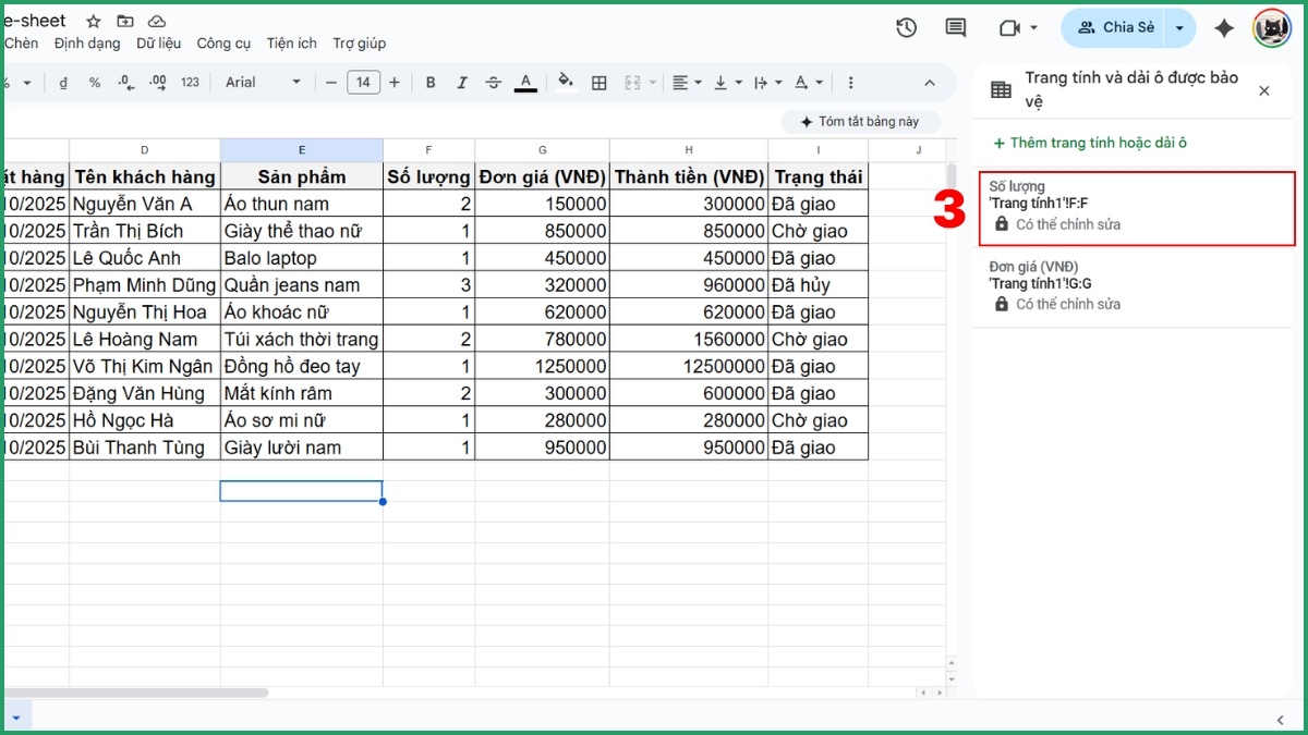 Cách mở khóa sau khi khóa ô trong Google Sheet bước 2