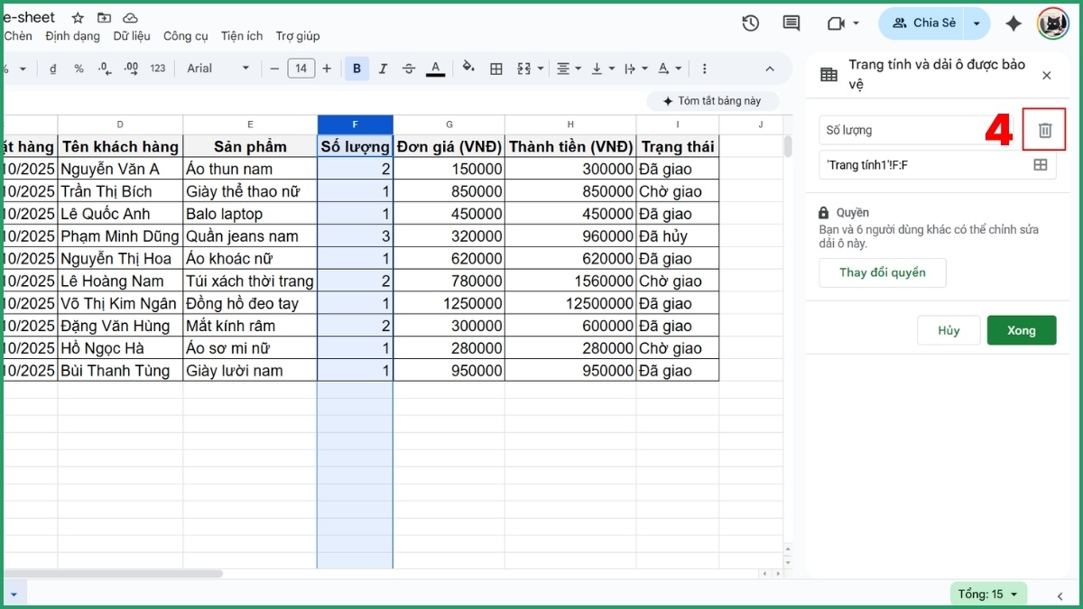 Cách mở khóa ô sau khi khóa ô trong Google Sheet bước 3
