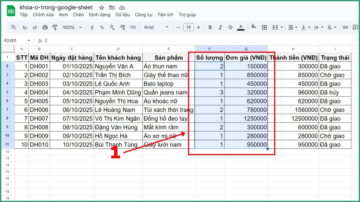 Cách khóa ô trong Google Sheet Bước 1
