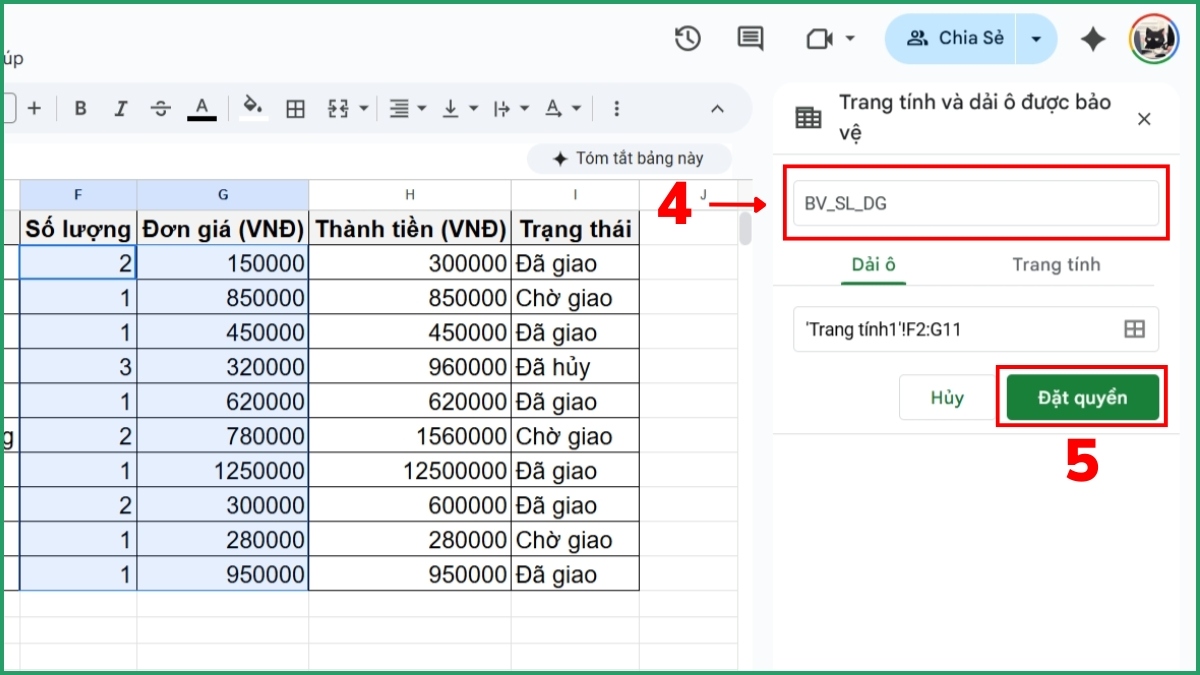 Cách khóa ô trong Google Sheet Bước 3