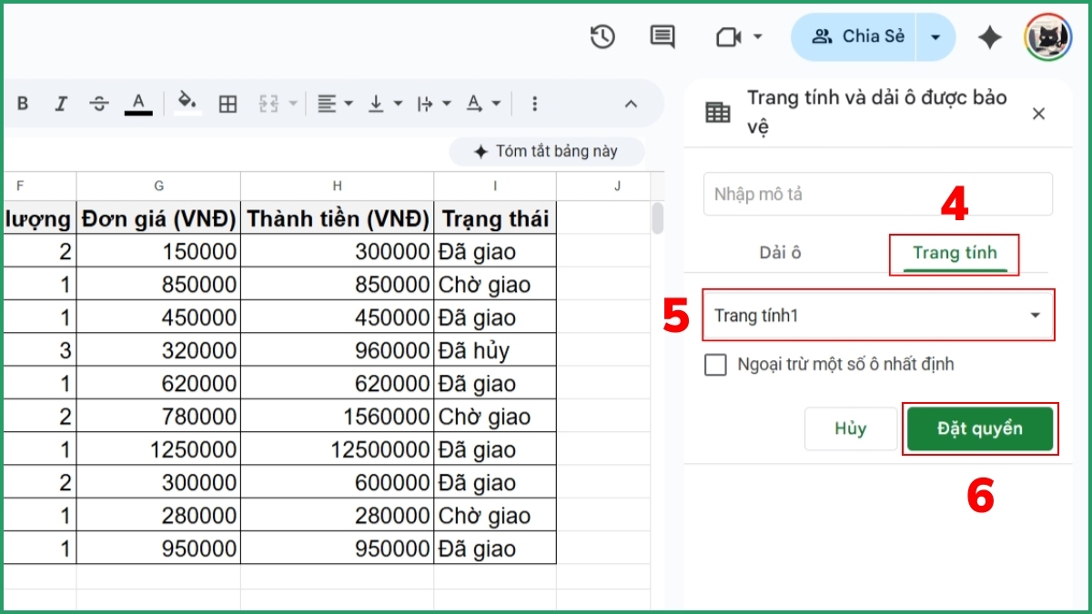 Cách khóa ô trong Google Sheet: Toàn bộ trang tính Bước 2