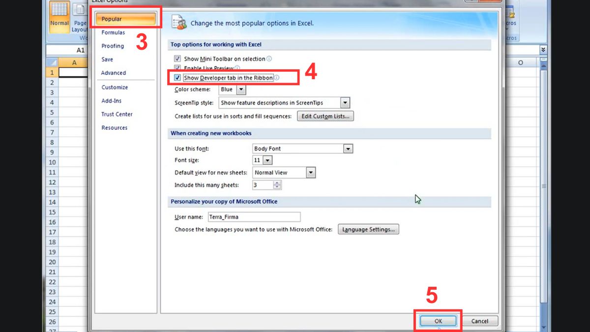 Cách mở Developer trong Excel 2007 bước 3