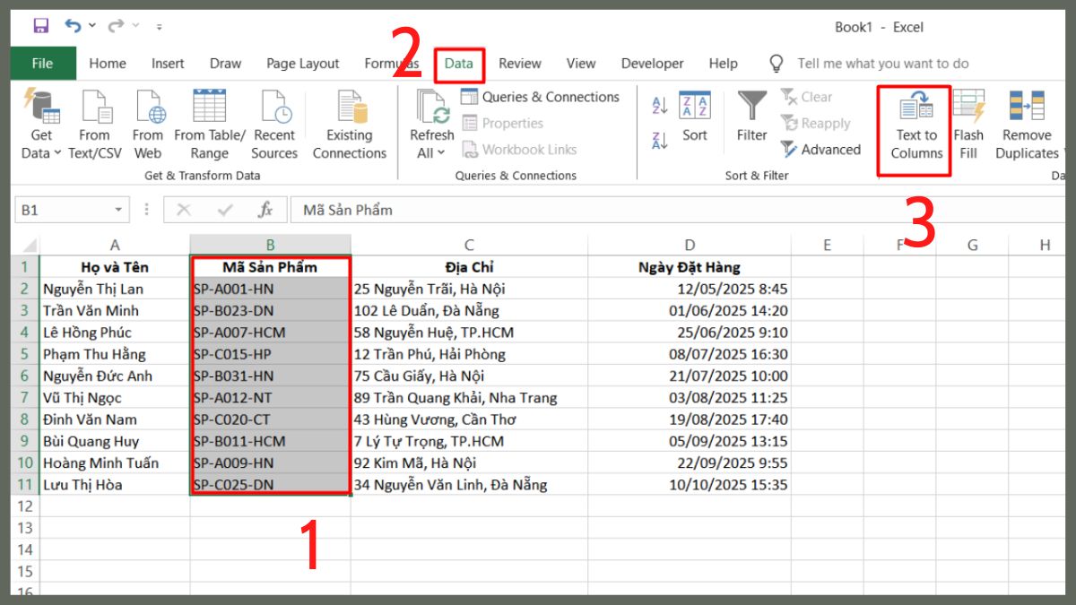 Cách tách cột trong Excel bằng Text to Columns bước 1