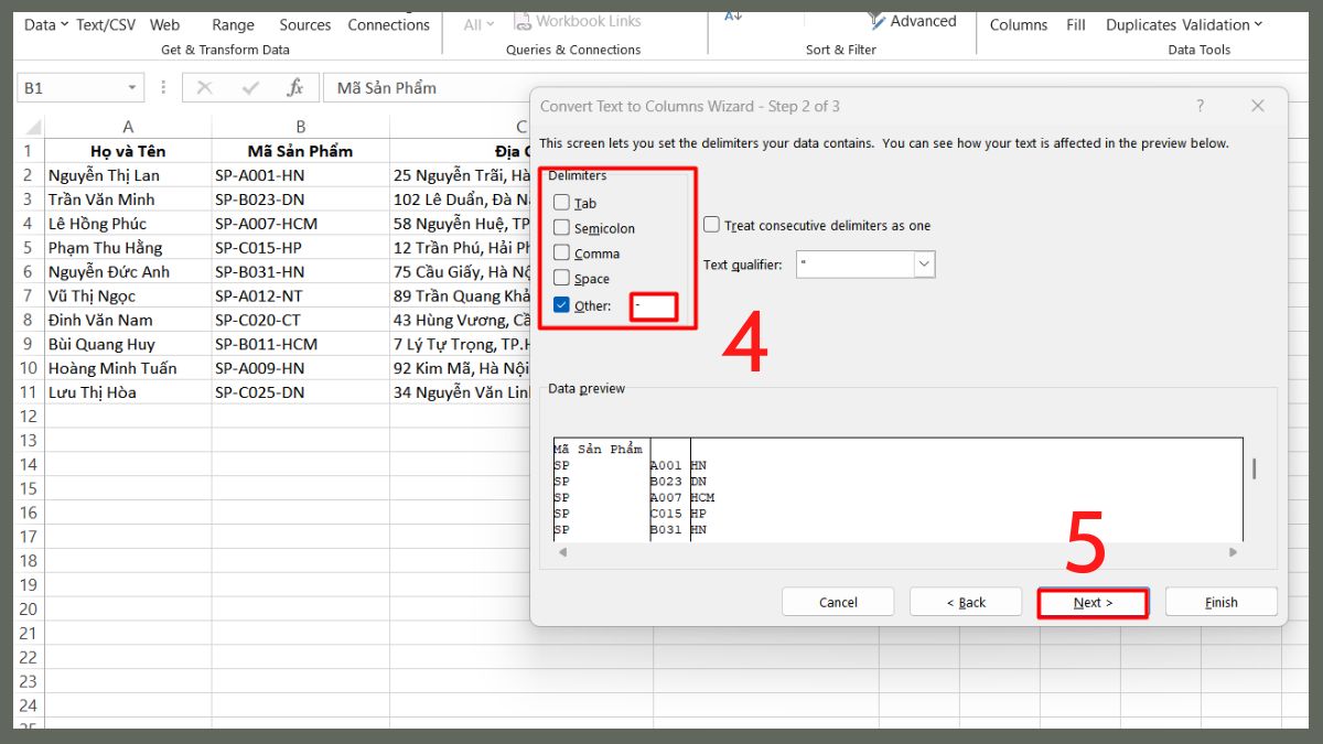 Cách tách cột trong Excel bằng Text to Columns bước 2