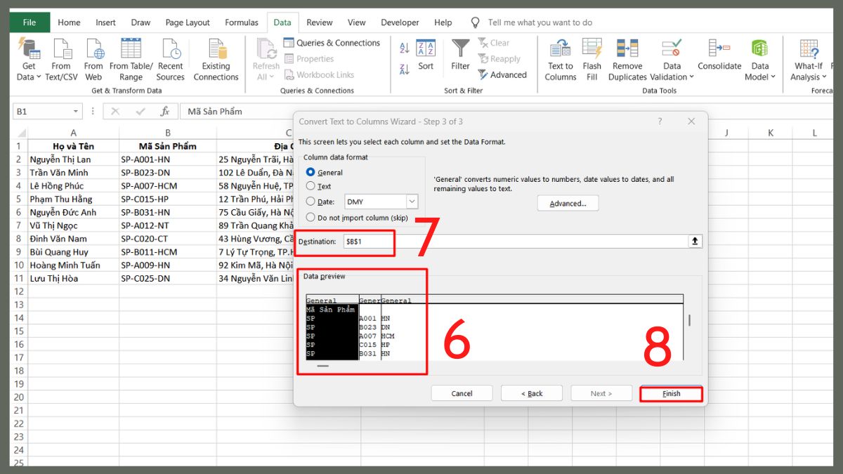 Cách tách cột trong Excel bằng Text to Columns bước 3
