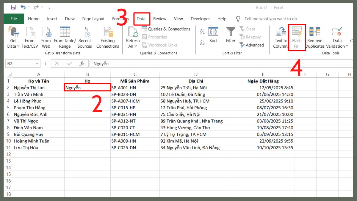 Cách tách cột trong Excel bằng Flash Fill bước 2