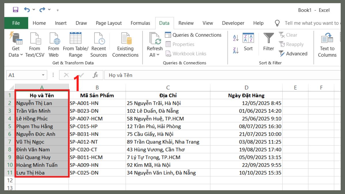 Cách tách cột trong Excel bằng công thức bước 1