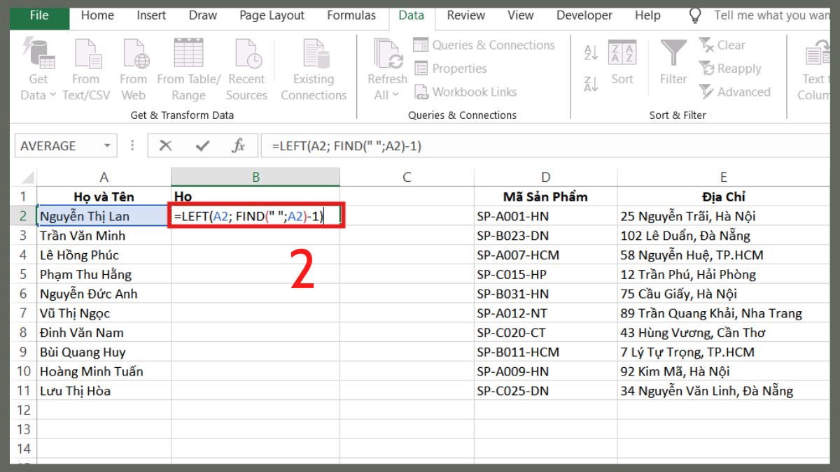 Cách tách cột trong Excel bằng công thức bước 2