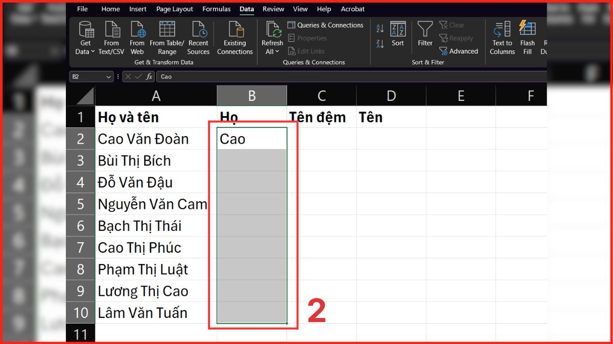 Cách tách ô trong Excel bằng Flash Fill Bước 2