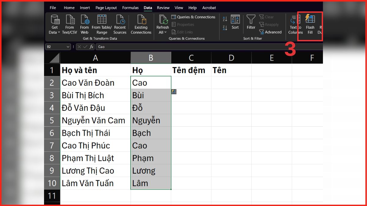 Cách tách ô trong Excel bằng Flash Fill Bước 3