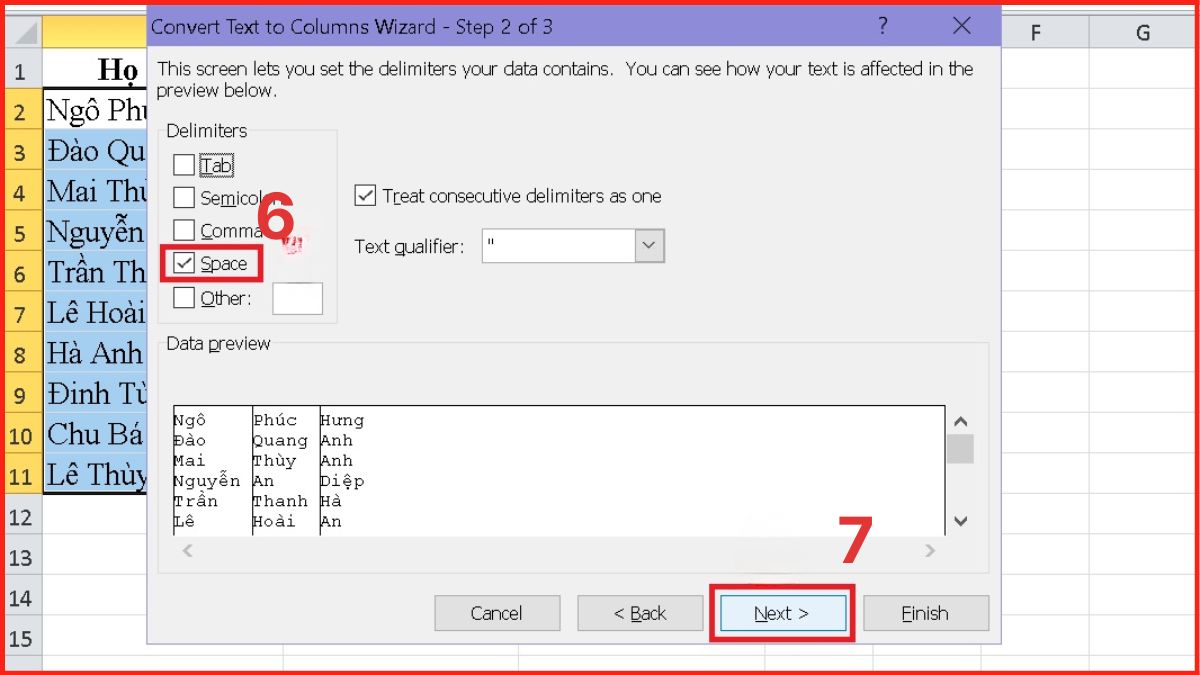 Cách tách ô trong Excel bằng Text to Columns Bước 3