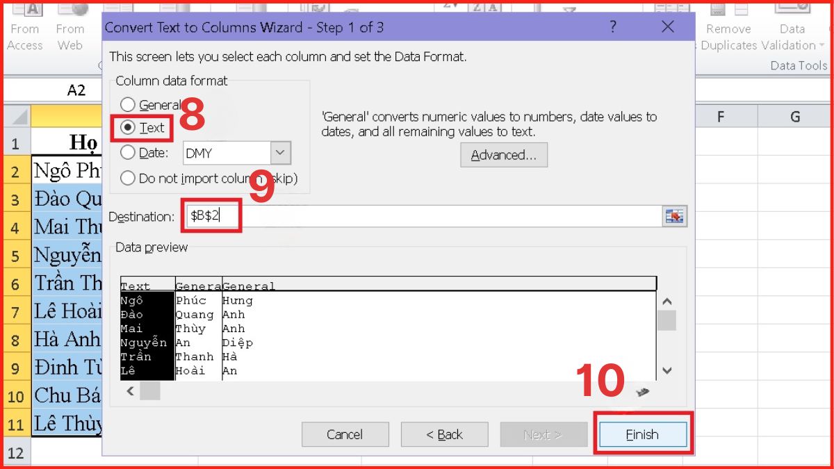 Cách tách ô trong Excel bằng Text to Columns Bước 4