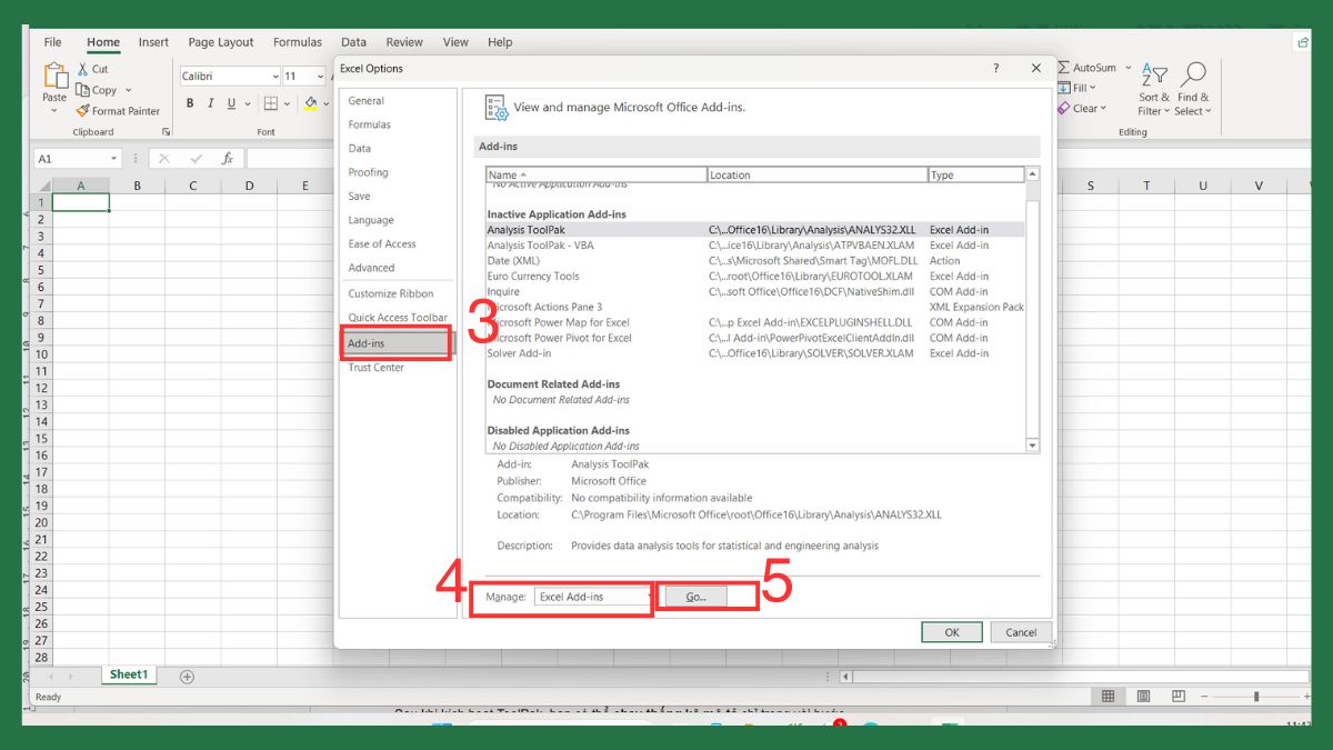 Bật tính năng thống kê mô tả trong Excel Bước 3