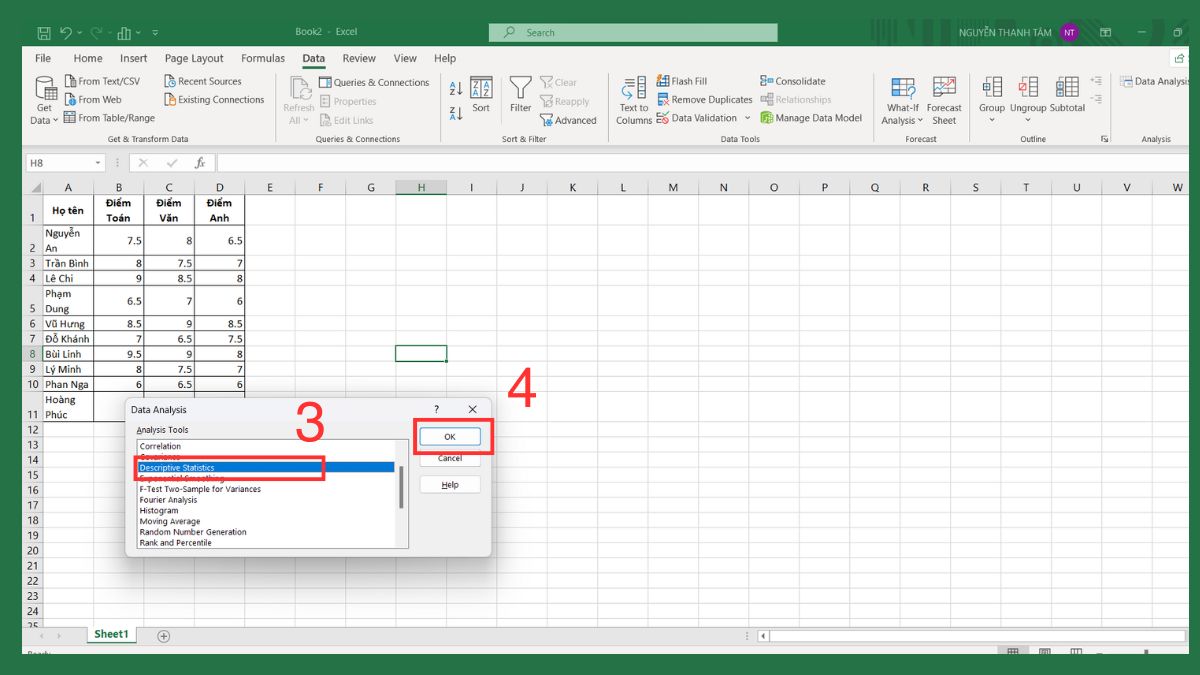 Thống kê mô tả trong Excel bằng Data Analysis ToolPak Bước 2