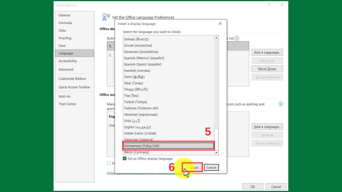 Cách thay đổi ngôn ngữ trong Excel Bước 4