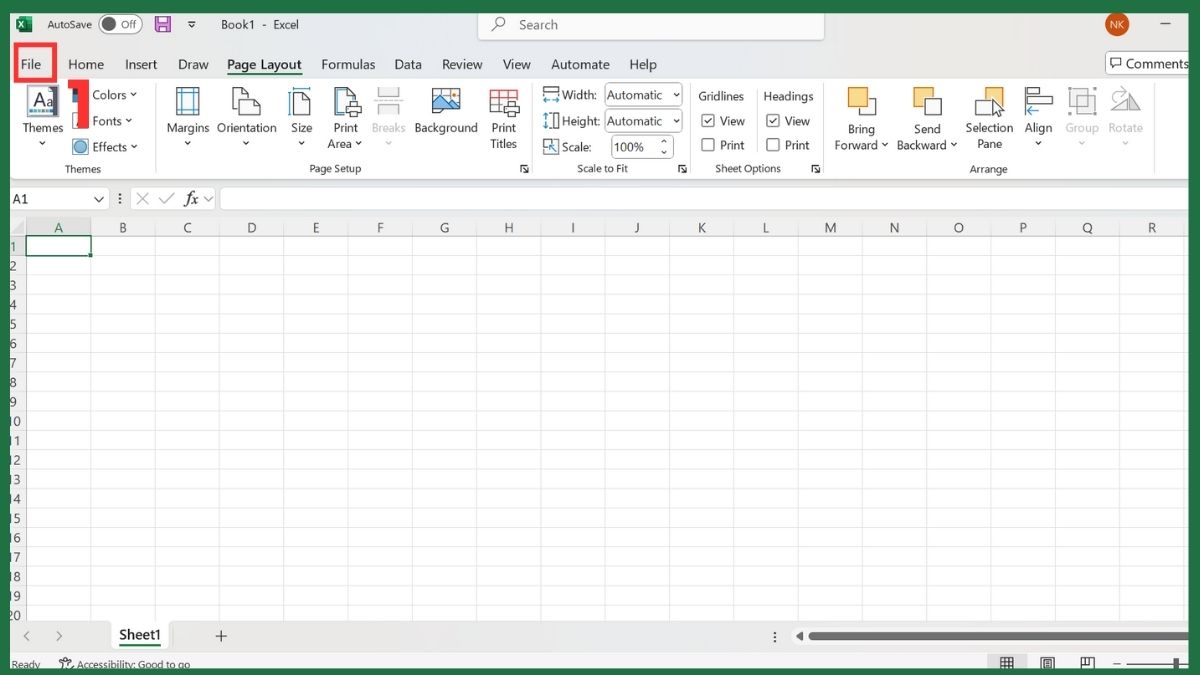 Cách thay đổi màu sắc giao diện mặc định trong Excel Bước 1