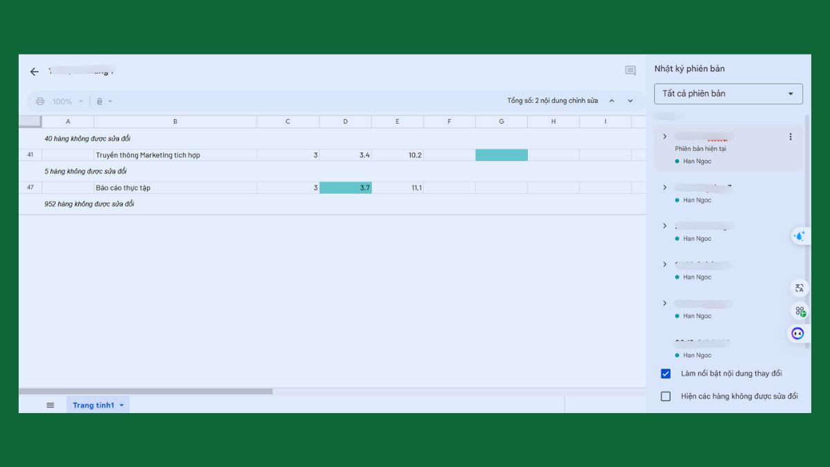 Xem lịch sử chỉnh sửa Google Sheet chi tiết thay đổi.