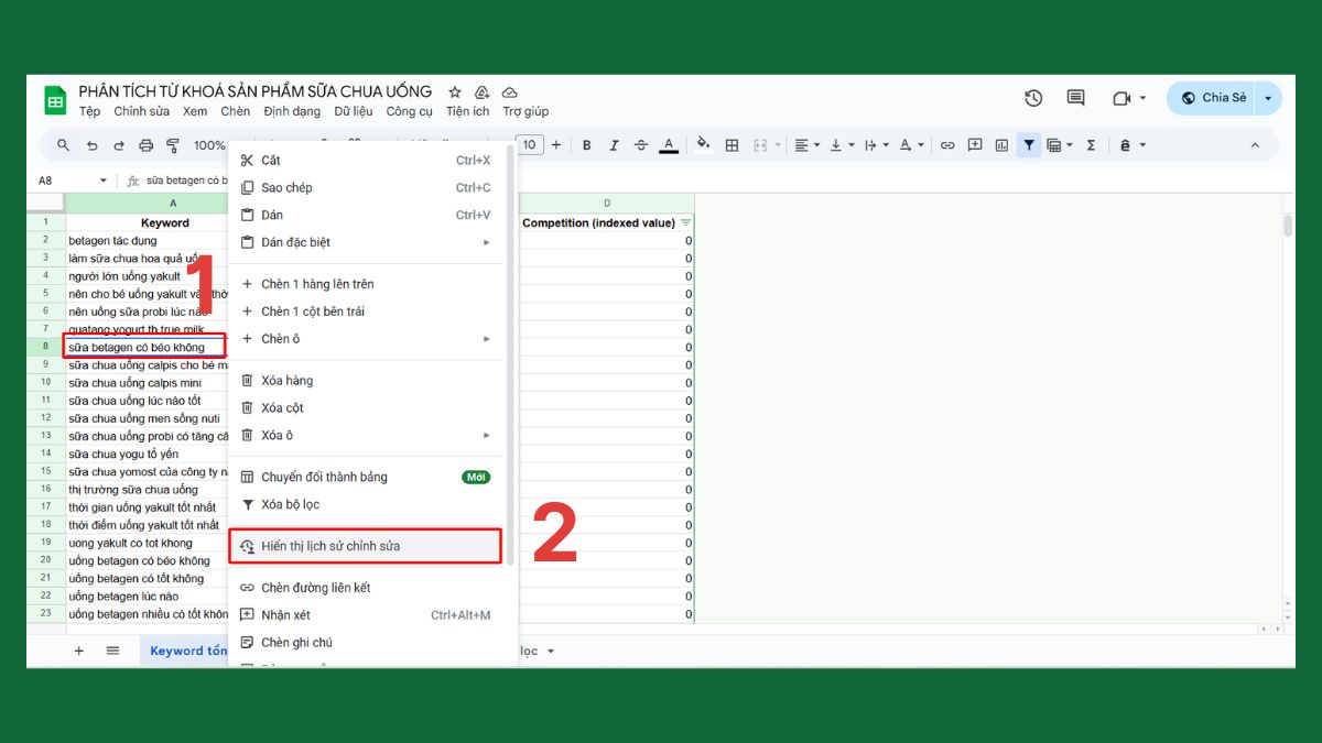 Cách xem lịch sử chỉnh sửa Google Sheet từng ô Bước 1, 2
