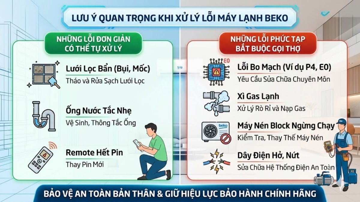 Lưu ý quan trọng khi xử lý lỗi máy lạnh Beko