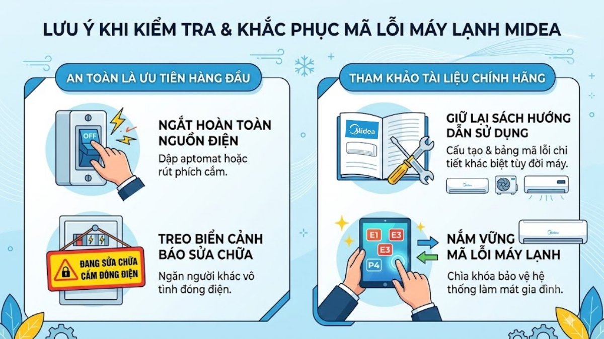 Lưu ý khi kiểm tra và khắc phục mã lỗi máy lạnh Midea