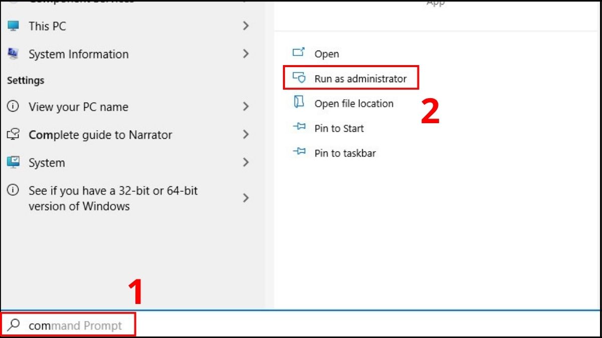 Tìm kiếm trong phần Command Prompt trên máy tính