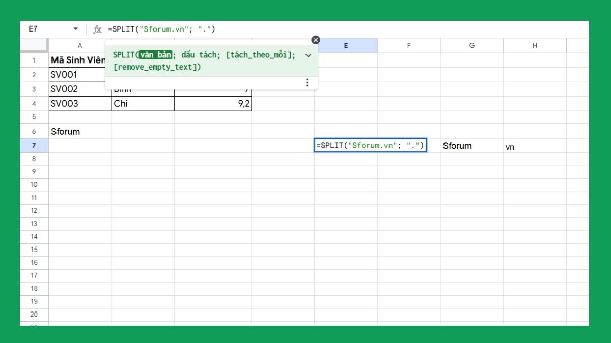 Các hàm trong Google Sheet: Hàm SPIT