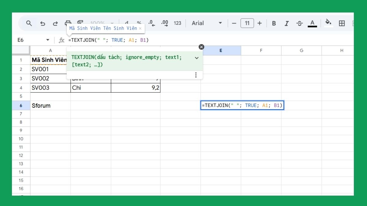 Các hàm trong Google Sheet: Hàm TEXTJOIN
