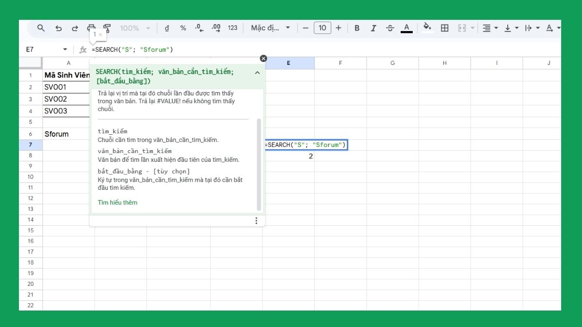 Các hàm trong Google Sheet: Hàm SEARCH