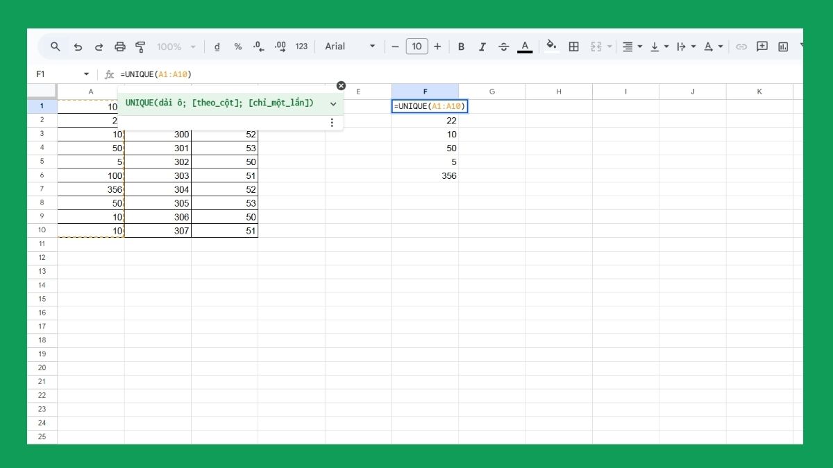 Các hàm trong Google Sheet: Hàm UNIQUE