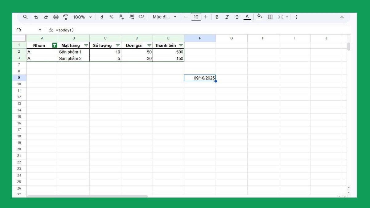 Các hàm trong Google Sheet: Hàm TODAY 