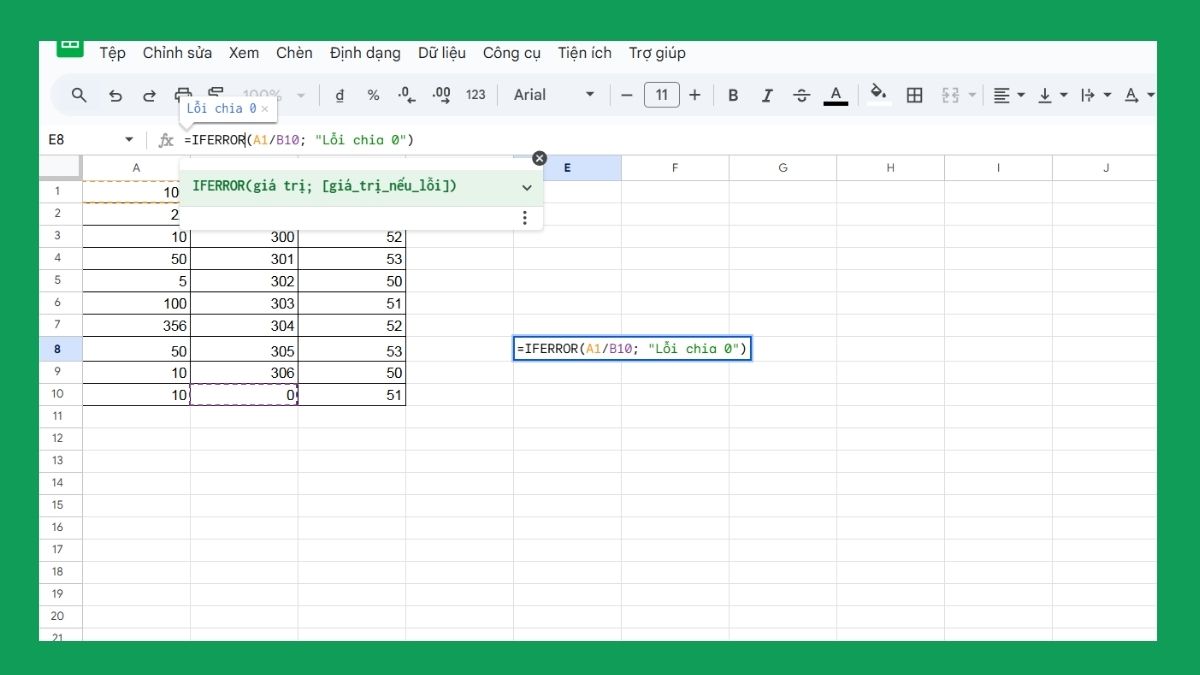 Các hàm trong Google Trang Tính: Hàm IFERROR