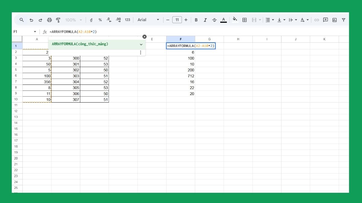 Các hàm trong Google Sheet: Hàm ARRAYFORMULA