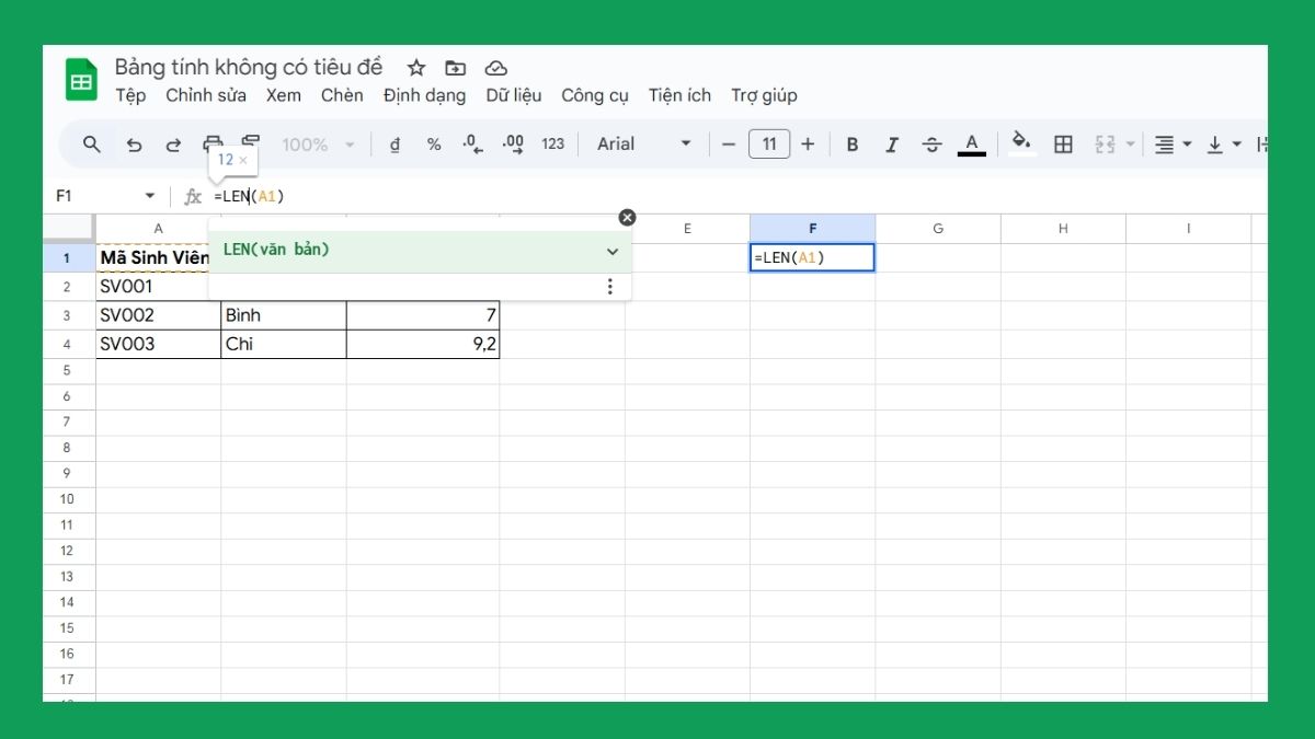 Các hàm trong Google Trang Tính: Hàm LEN