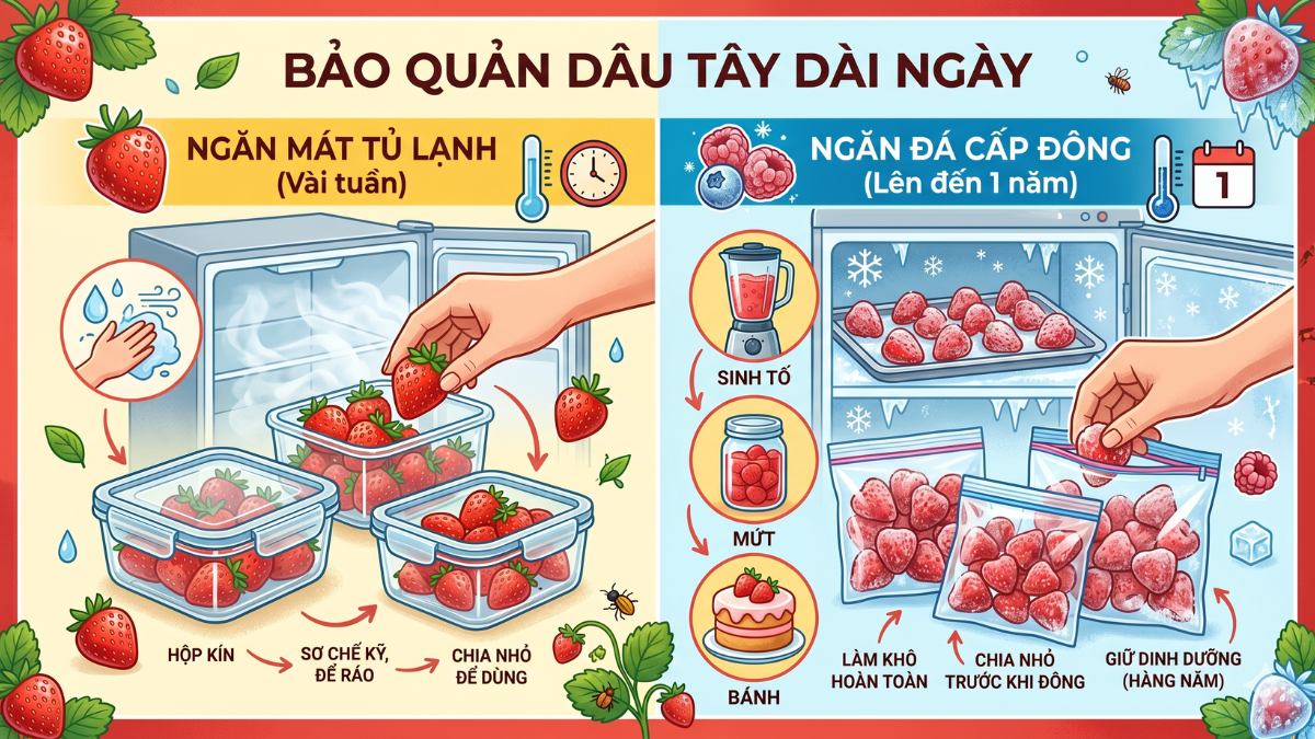 Cách bảo quản dâu tây trong tủ lạnh theo thời gian sử dụng